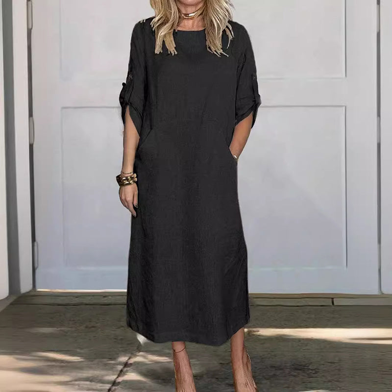 Γυναικείο casual φόρεμα από βαμβάκι και λινό σε μονόχρωμα χρώματα