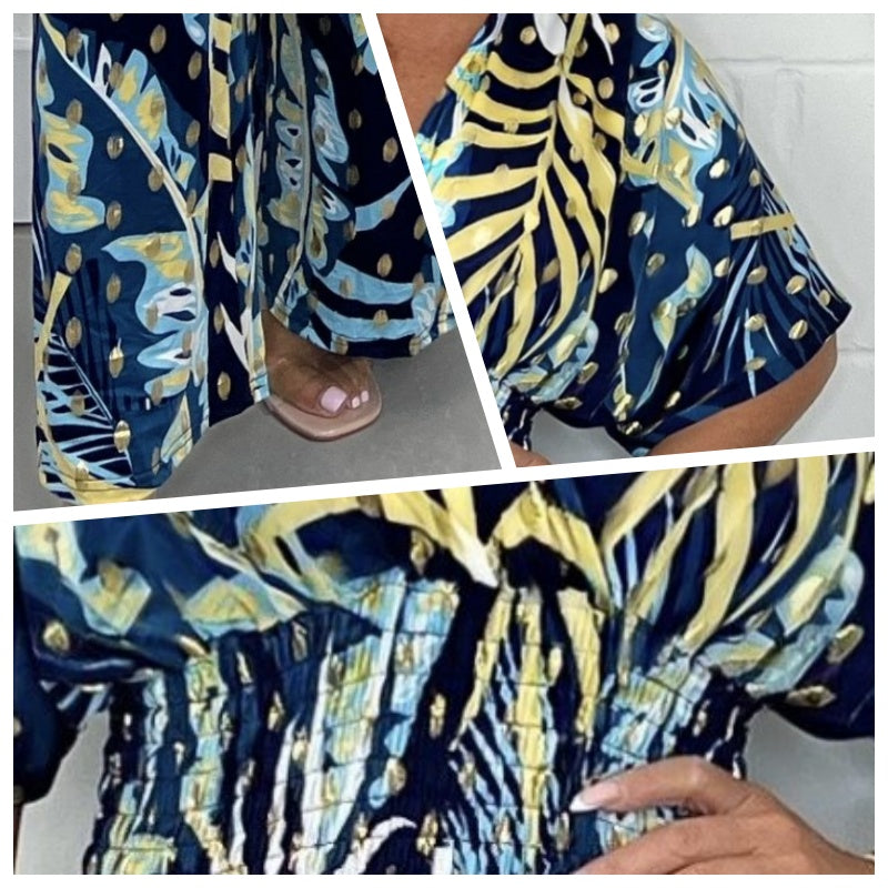 🥻 Moda mujer verano Plus Size cuerpo estampado de hojas con cintura elastica-TAB