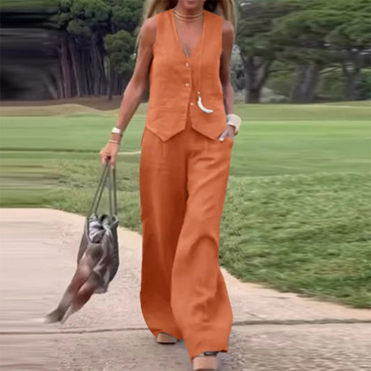 💕Πολύχρωμο γιλέκο με φερμουάρ και παντελόνι με φαρδιά μπατζάκια, γυναικείο σετ δύο τεμαχίων-LT 