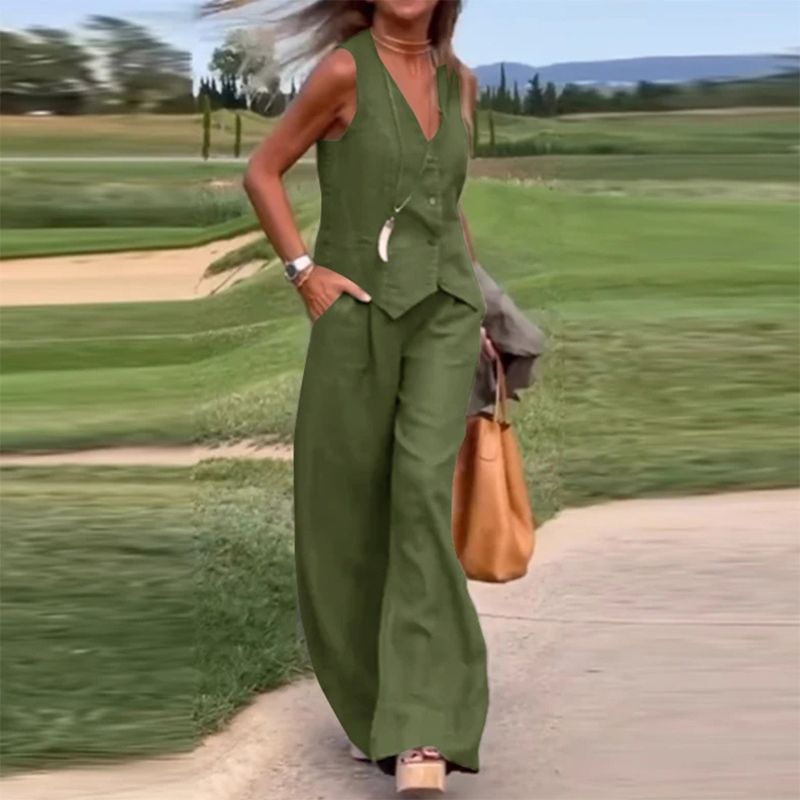 💕Πολύχρωμο γιλέκο με φερμουάρ και παντελόνι με φαρδιά μπατζάκια, γυναικείο σετ δύο τεμαχίων-LT 