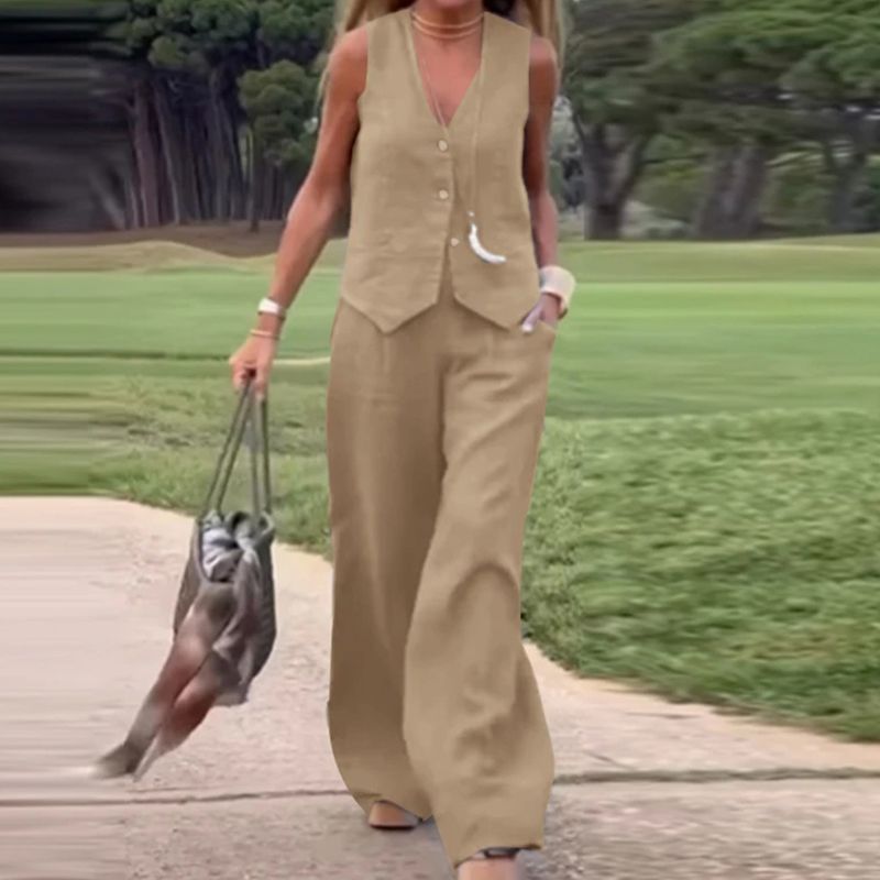 💕Πολύχρωμο γιλέκο με φερμουάρ και παντελόνι με φαρδιά μπατζάκια, γυναικείο σετ δύο τεμαχίων-LT 