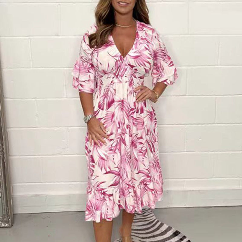 👗✨ Κομψά γυναικεία φορέματα με V ντεκολτέ και βοτανικό τύπωμα-LT