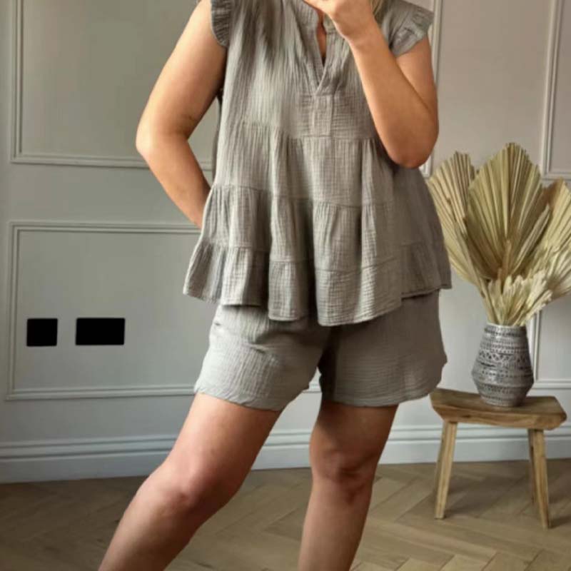 💗Σύνδεσμος de mujer de short y top de estopilla con volantes