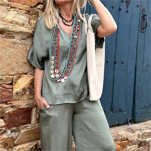 💝Κοντά μανίκια, φαρδιά πατής, set 2 τεμαχίων✨-GR