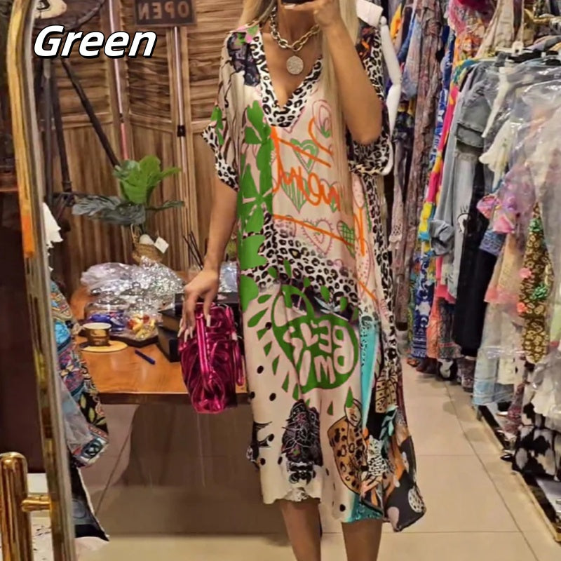 Γυναικείο φόρεμα με κοντά μανίκια και στάμπα σε V-cut-SI