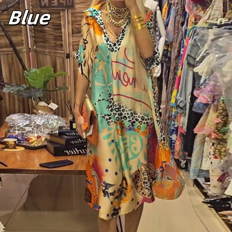 Γυναικείο φόρεμα με κοντά μανίκια και στάμπα σε V-cut-SI