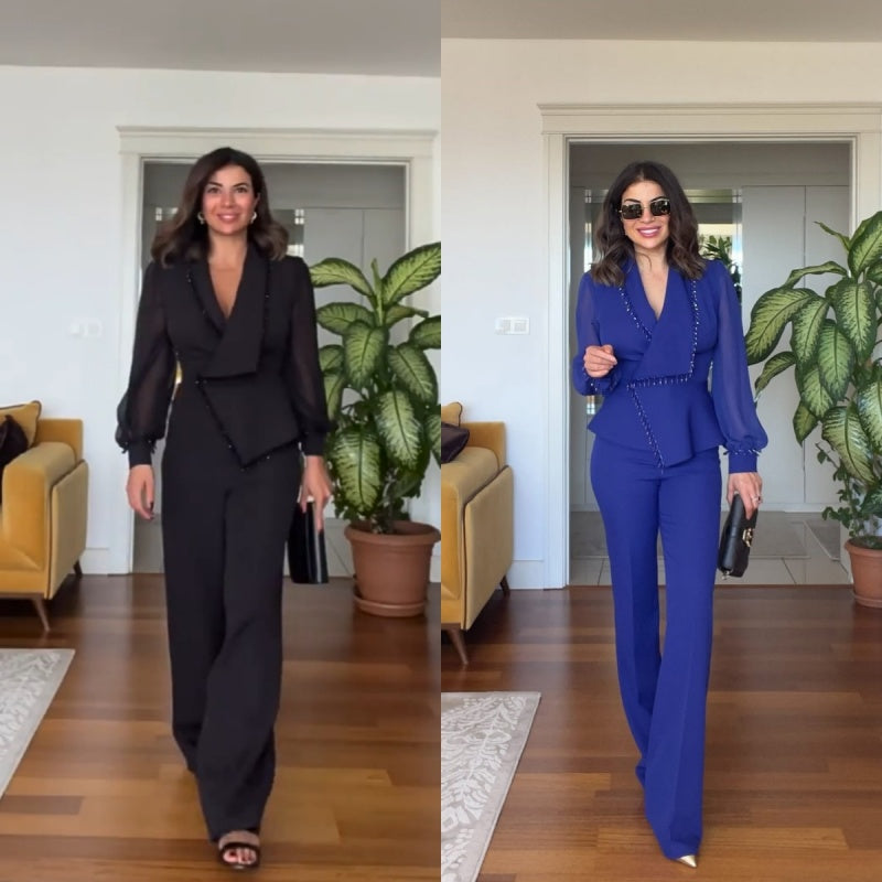 Conjunto de pantalon y pantalon de malla de perna ancha para mujer-ES 