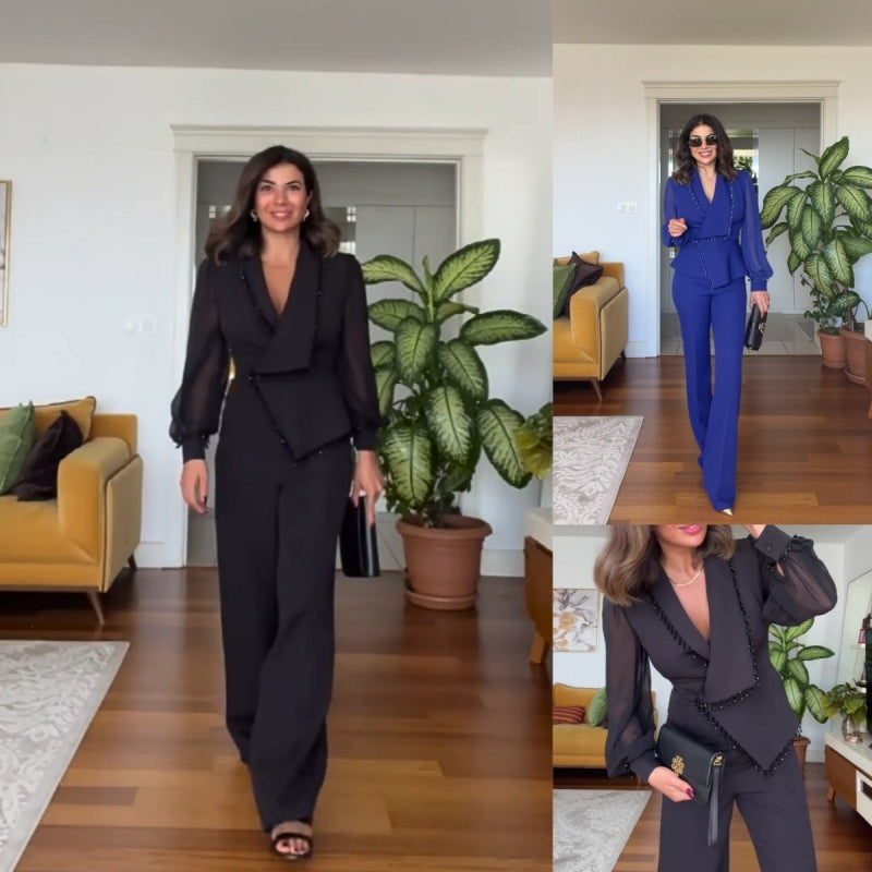 Conjunto de pantalon y pantalon de malla de perna ancha para mujer-ES 