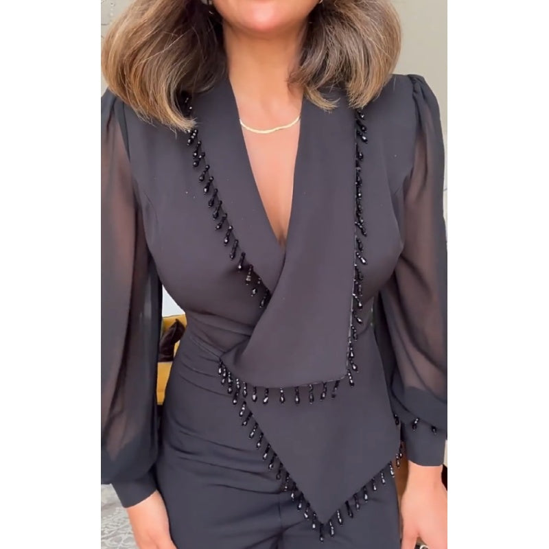 Conjunto de pantalon y pantalon de malla de perna ancha para mujer-ES 