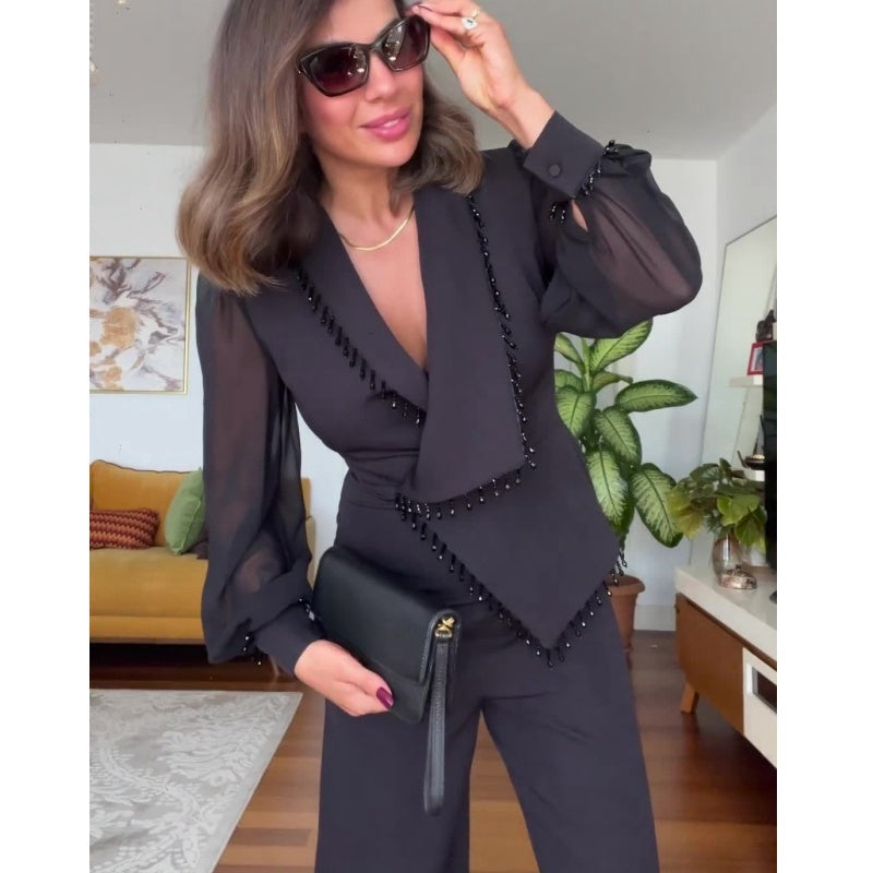 Conjunto de pantalon y pantalon de malla de perna ancha para mujer-ES 