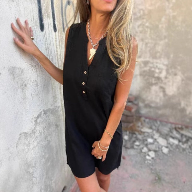 🔥Είναι ένα μονόχρωμο φόρεμα με βαθύ ντεκολτέ V, φτιαγμένο από βαμβάκι και λινό-GR