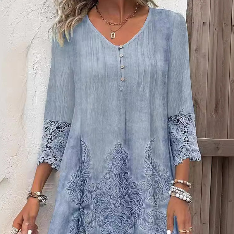 Elegantiška moteriška nėriniuota suknelė pusinėmis rankovėmis ir gilia iškirpte-LT