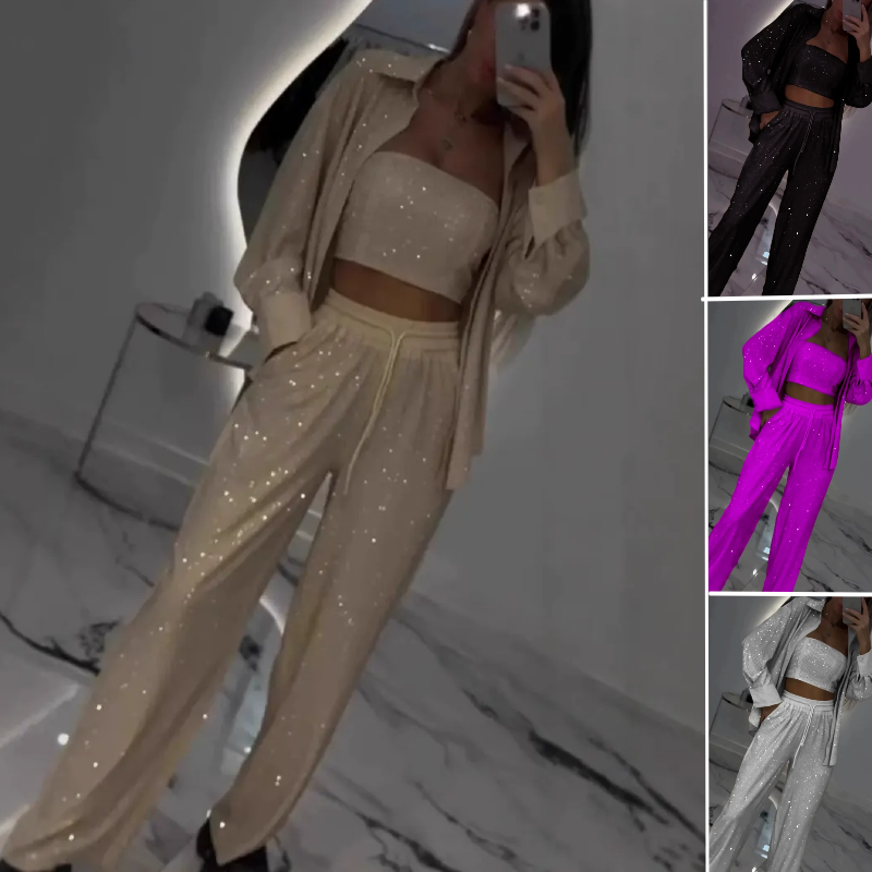 Čudovit blazer, udobna podloga in široke hlače (3-delni)-SI