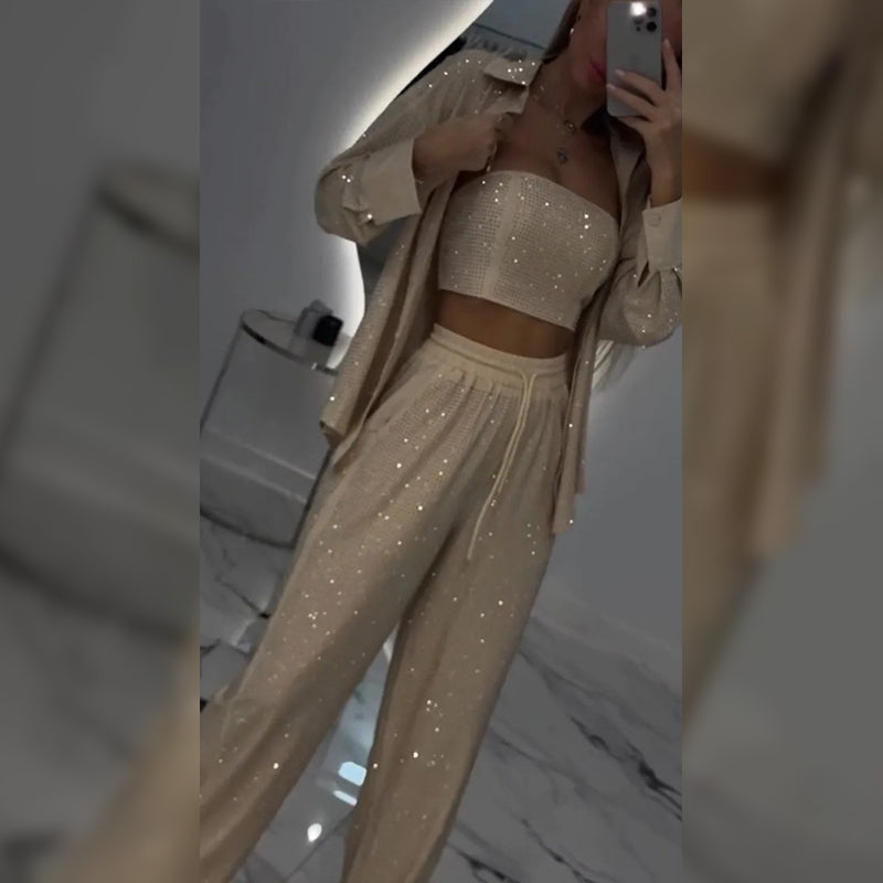 Čudovit blazer, udobna podloga in široke hlače (3-delni)-SI