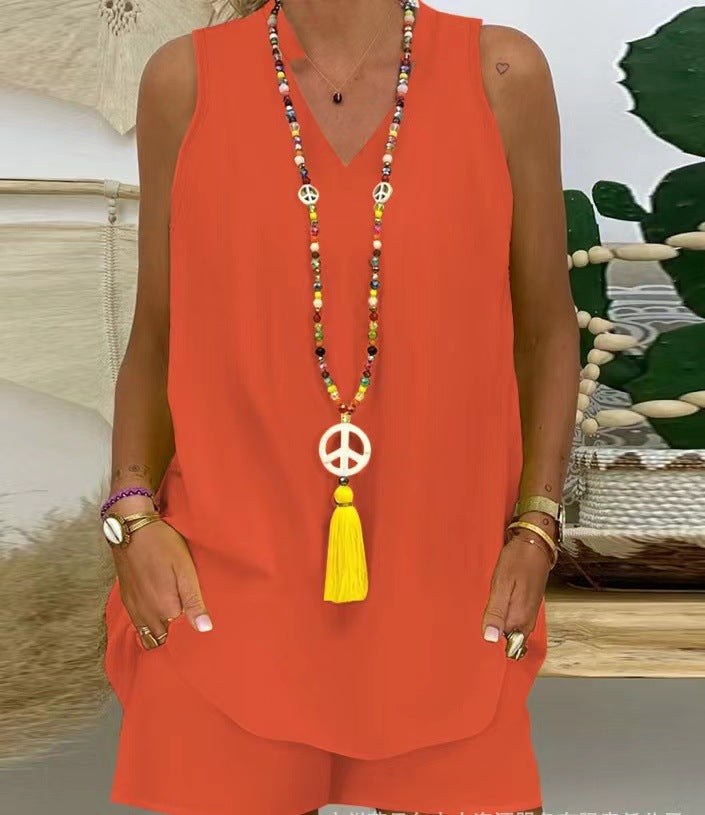 Elegantiškas dviejų dalių komplektas: trumpomis rankovėmis V formos iškirptė + šortai-LT