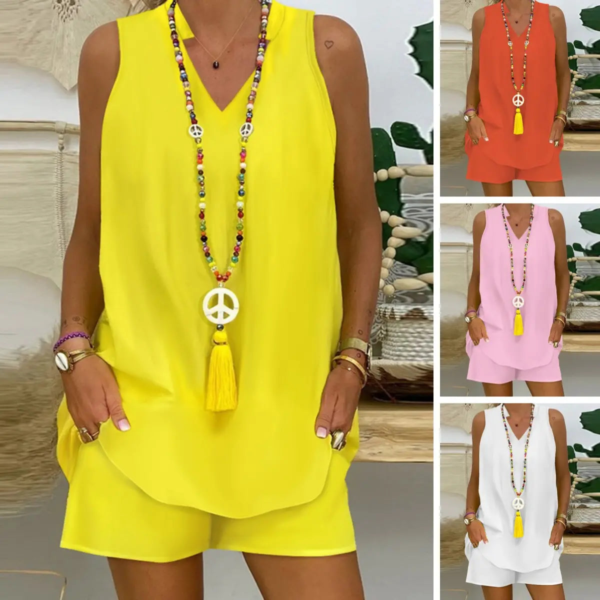 Elegantiškas dviejų dalių komplektas: trumpomis rankovėmis V formos iškirptė + šortai-LT