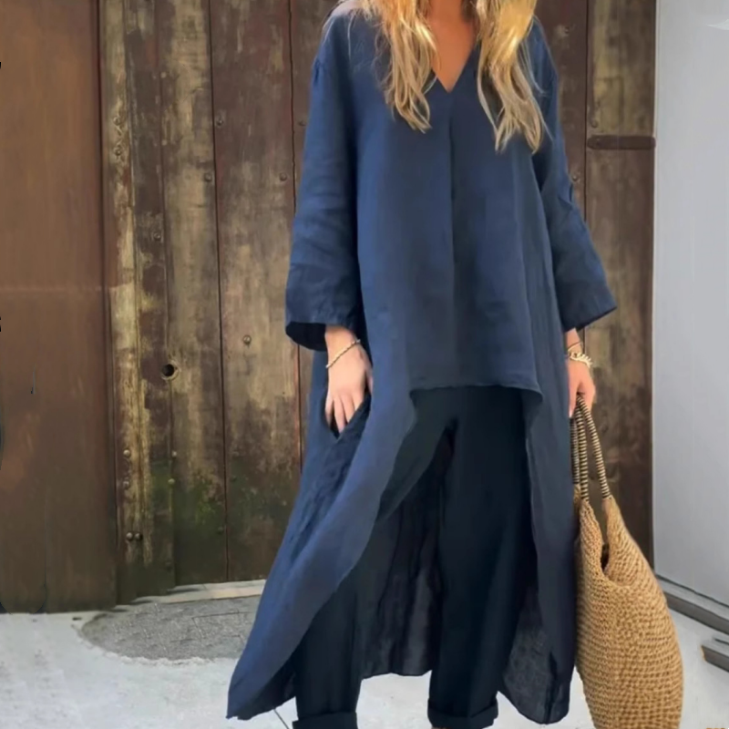 💖Kalokáirinno gynaecio ολόσωμο κοστούμι δύο τεμαχίων από λινό με τσέπες και μυτερή γιομόκοψη-GR