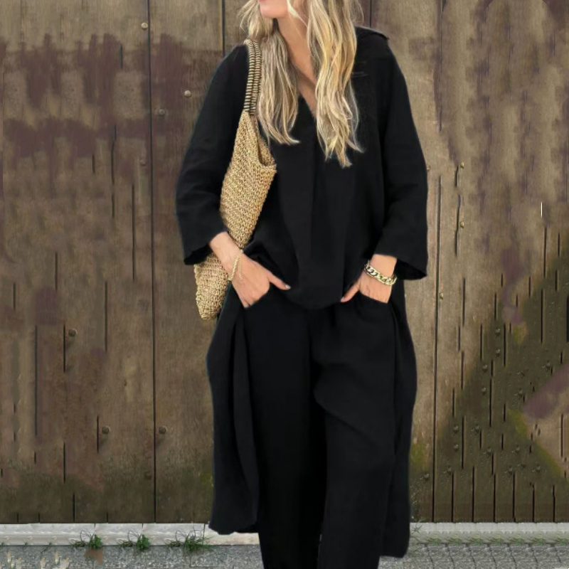 💖Kalokáirinno gynaecio ολόσωμο κοστούμι δύο τεμαχίων από λινό με τσέπες και μυτερή γιομόκοψη-GR