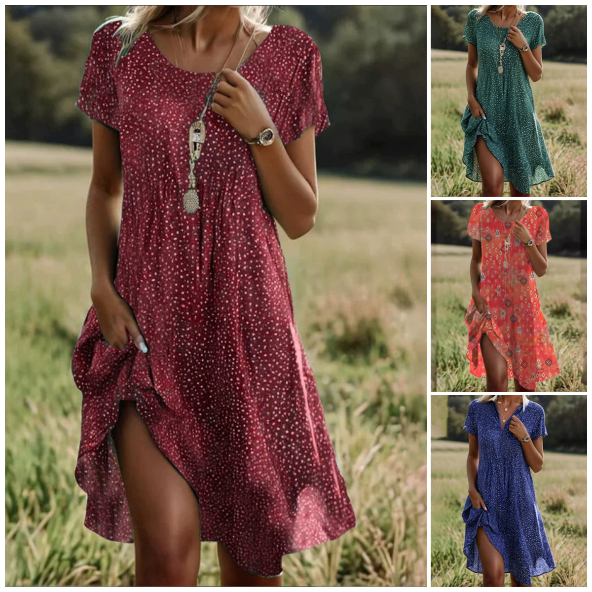 🌸 Κομψό πράσινο μίντι φόρεμα με κοντό μανίκι και φιόγκο-GR