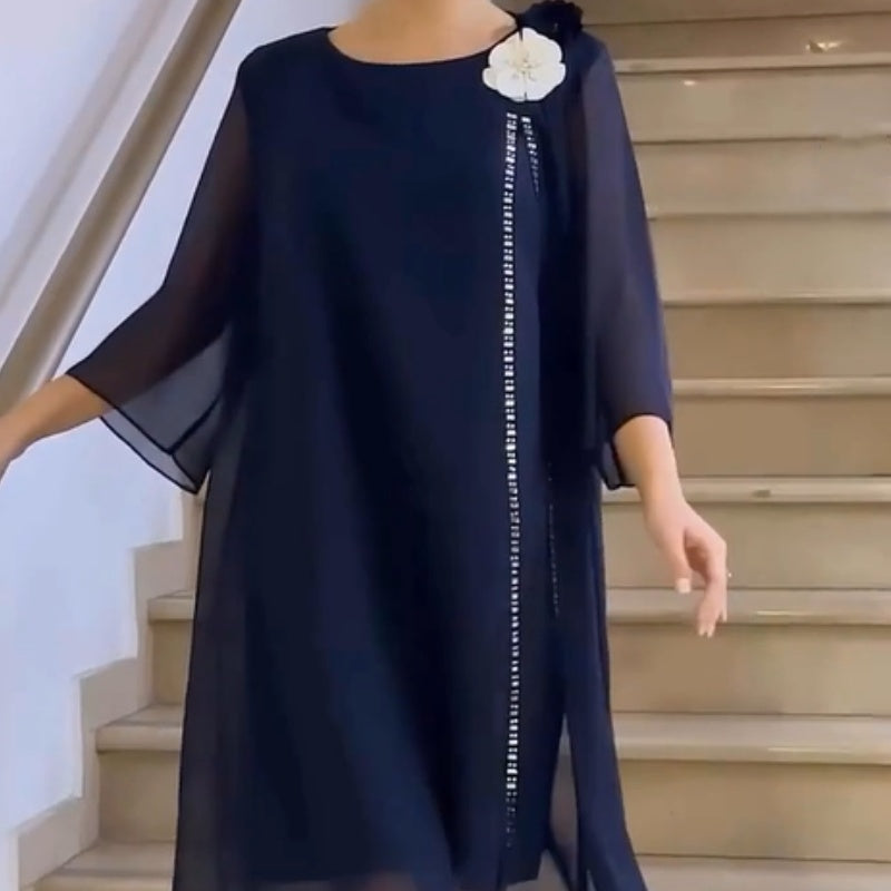 🌸✨【S-4XL】Γυναικείο φόρεμα από πλέγμα με στρογγυλή λαιμόκοψη και φλοράλ λεπτομέρειες-SK