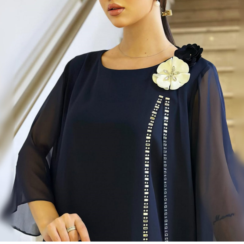 🌸✨【S-4XL】Γυναικείο φόρεμα από πλέγμα με στρογγυλή λαιμόκοψη και φλοράλ μπροστινό μέρος-GR