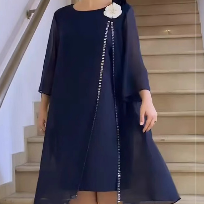 🌸✨【S-4XL】Γυναικείο φόρεμα από πλέγμα με στρογγυλή λαιμόκοψη και φλοράλ λεπτομέρειες-SK