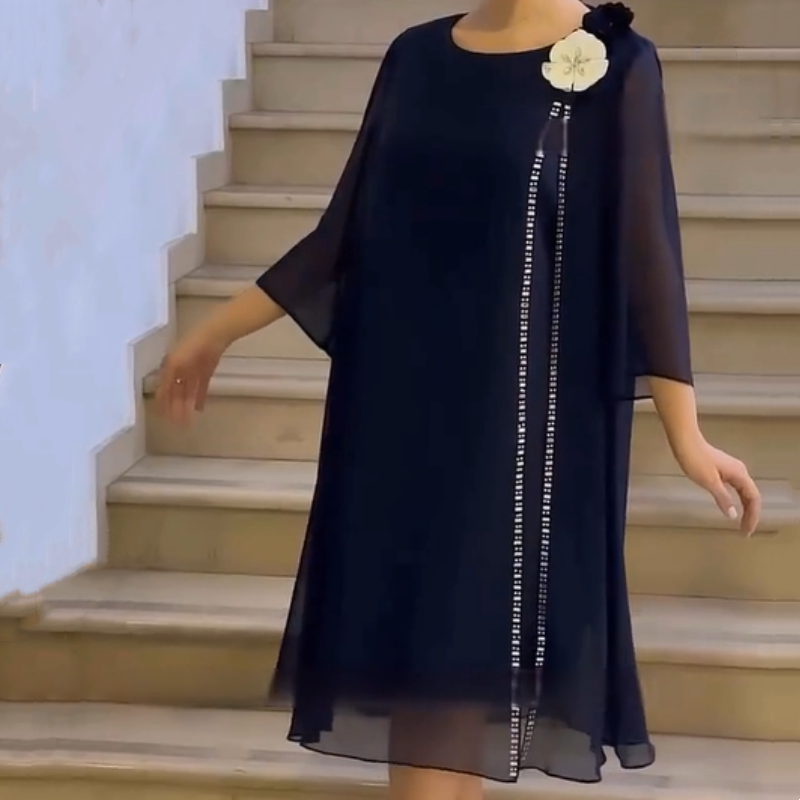 🌸✨【S-4XL】Γυναικείο φόρεμα από πλέγμα με στρογγυλή λαιμόκοψη και φλοράλ μπροστινό μέρος-GR