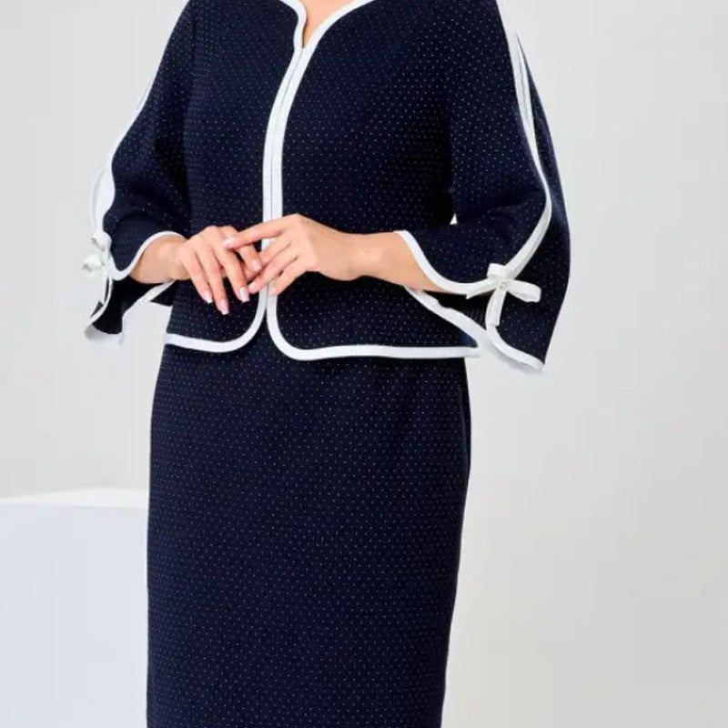 Elegantiška palaidinė su kaspinu ir sijonu su skeltuku gale-LT