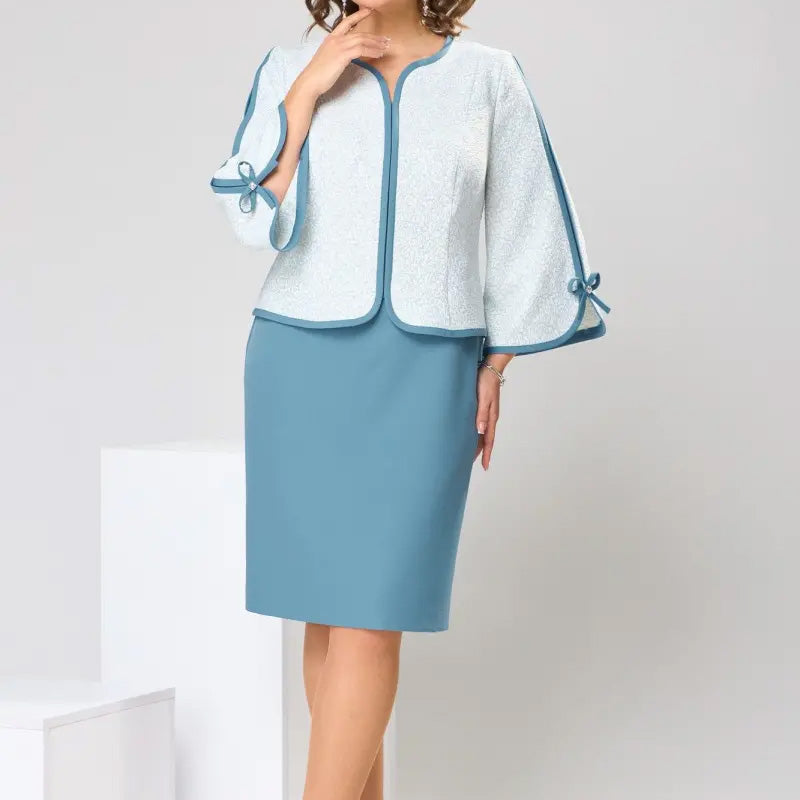 Elegantiška palaidinė su kaspinu ir sijonu su skeltuku gale-LT