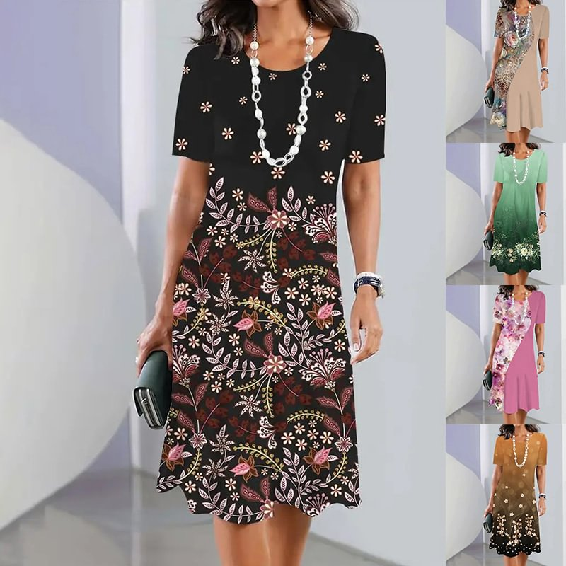 🌸Γυναικείο φόρεμα με στρογγυλή λαιμόκοψη και φλοράλ μοτίβο-GR
