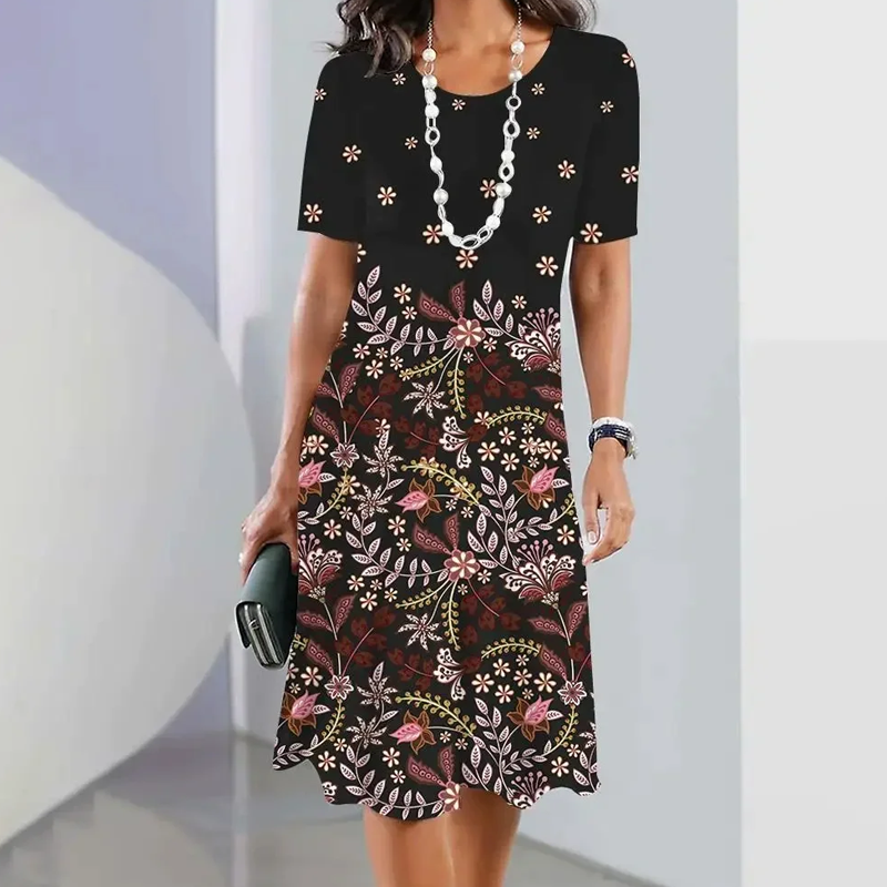 🌸Γυναικείο φόρεμα με στρογγυλή λαιμόκοψη και φλοράλ μοτίβο-GR