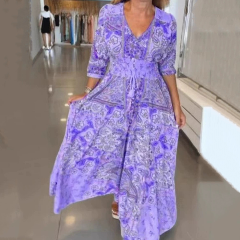 Dámske elegantné kvetinové dlhé šaty so sťahovacou šnúrkou-SK