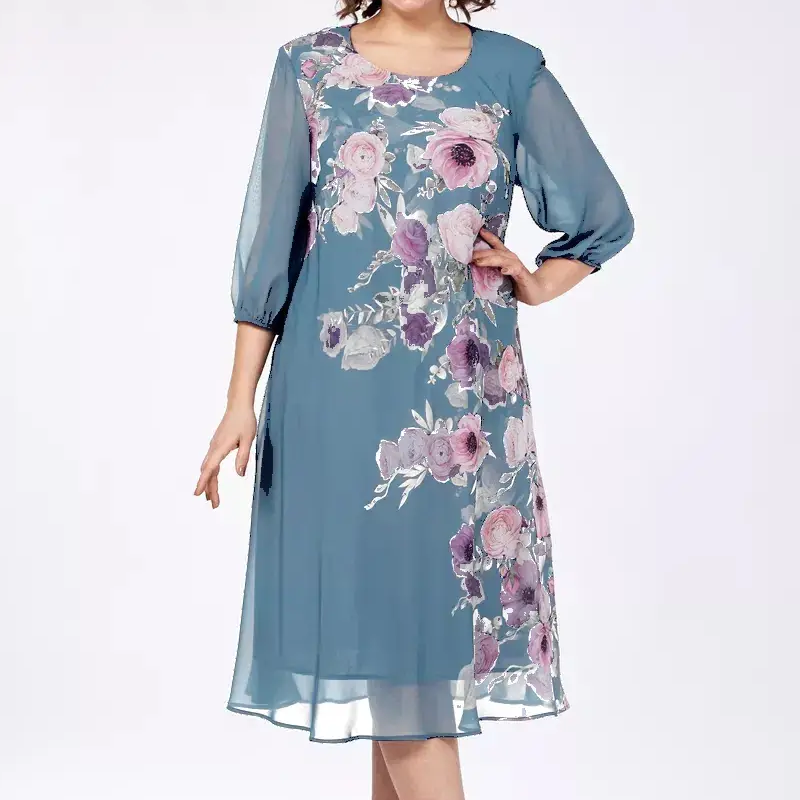 Elegantiška gėlėto rašto šifono suknelė su apvalia iškirpte-LT