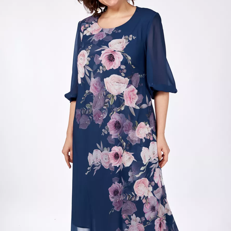 Elegantiška gėlėto rašto šifono suknelė su apvalia iškirpte-LT