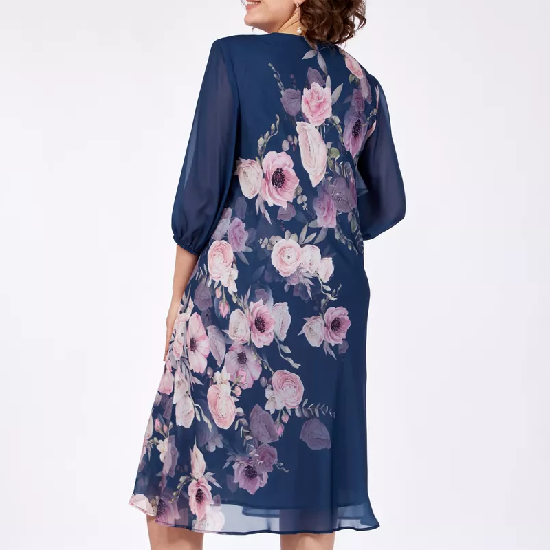 Elegantiška gėlėto rašto šifono suknelė su apvalia iškirpte-LT