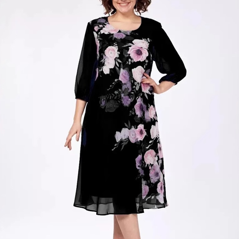 Elegantiška gėlėto rašto šifono suknelė su apvalia iškirpte-LT