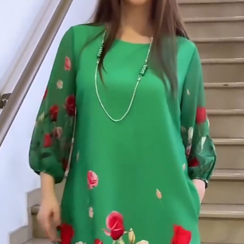 Elegantiška moteriška suknelė su gėlėmis ir apvalia iškirpte-LT