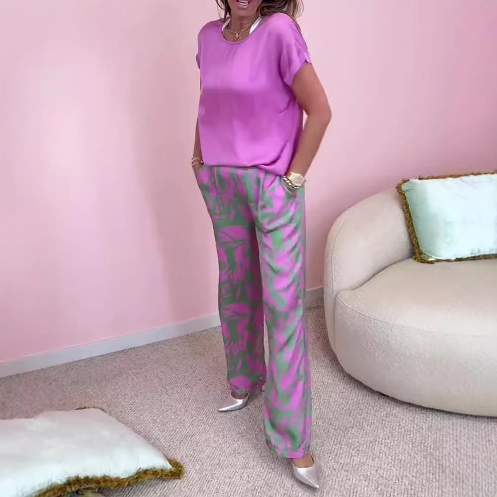 🎉【S-4XL】💝Σετ δύο τεμαχίων - μπλούζα με στρογγυλή λαιμόκοψη και φαρδύ παντελόνι με σχέδια-LT