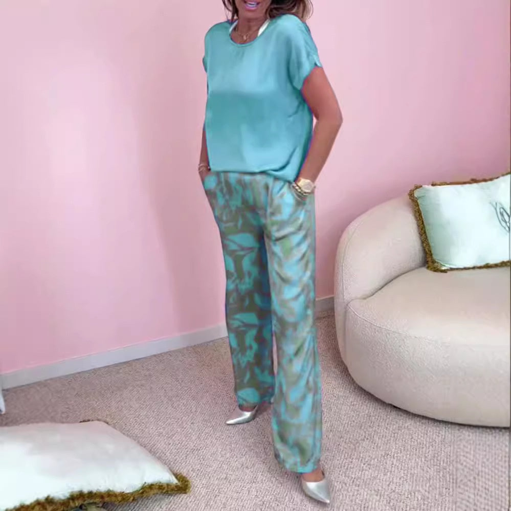 🎉【S-4XL】💝Σετ δύο τεμαχίων - μπλούζα με στρογγυλή λαιμόκοψη και φαρδύ παντελόνι με σχέδια-LT