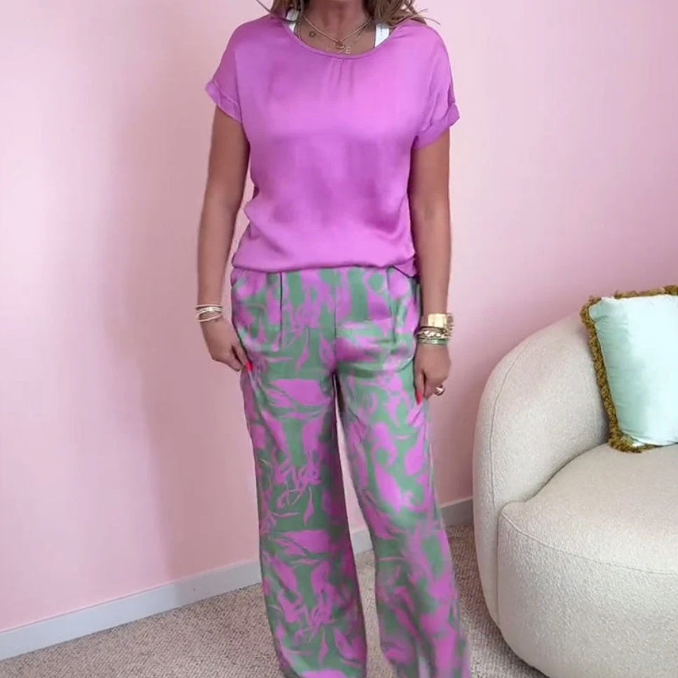 🎉【S-4XL】💝Σετ δύο τεμαχίων - μπλούζα με στρογγυλή λαιμόκοψη και φαρδύ παντελόνι με σχέδια-LT
