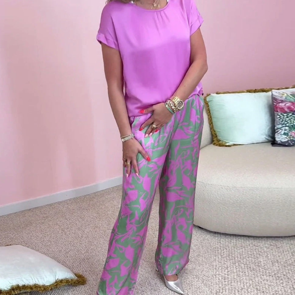 🎉【S-4XL】💝Σετ δύο τεμαχίων - μπλούζα με στρογγυλή λαιμόκοψη και φαρδύ παντελόνι με σχέδια-LT
