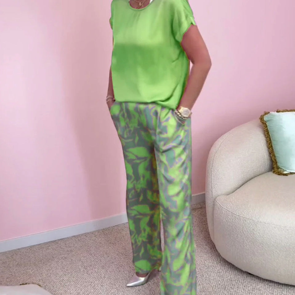 🎉【S-4XL】💝Σετ δύο τεμαχίων - μπλούζα με στρογγυλή λαιμόκοψη και φαρδύ παντελόνι με σχέδια-LT