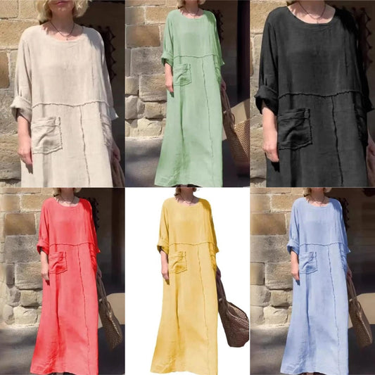 🌿Μόνοχρομος φόρεμα με στρογγυλή λαιμόκοψη, αναπνέει🌪️-GR