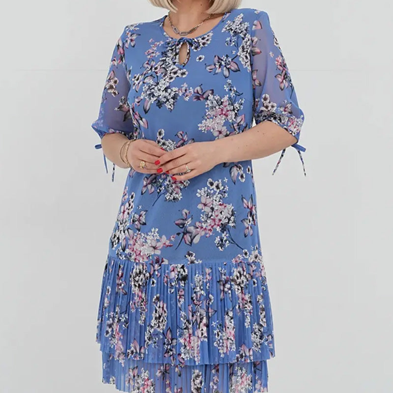 Elegantiška moteriška ilga suknelė trumpomis rankovėmis, klostuota-LT