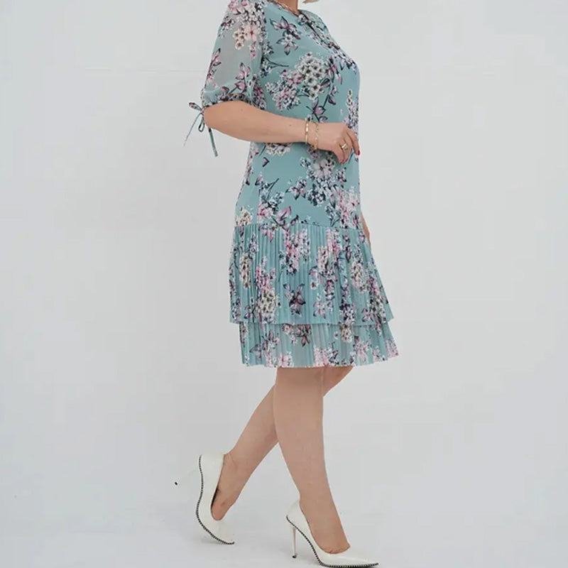 Elegantiška moteriška ilga suknelė trumpomis rankovėmis, klostuota-LT