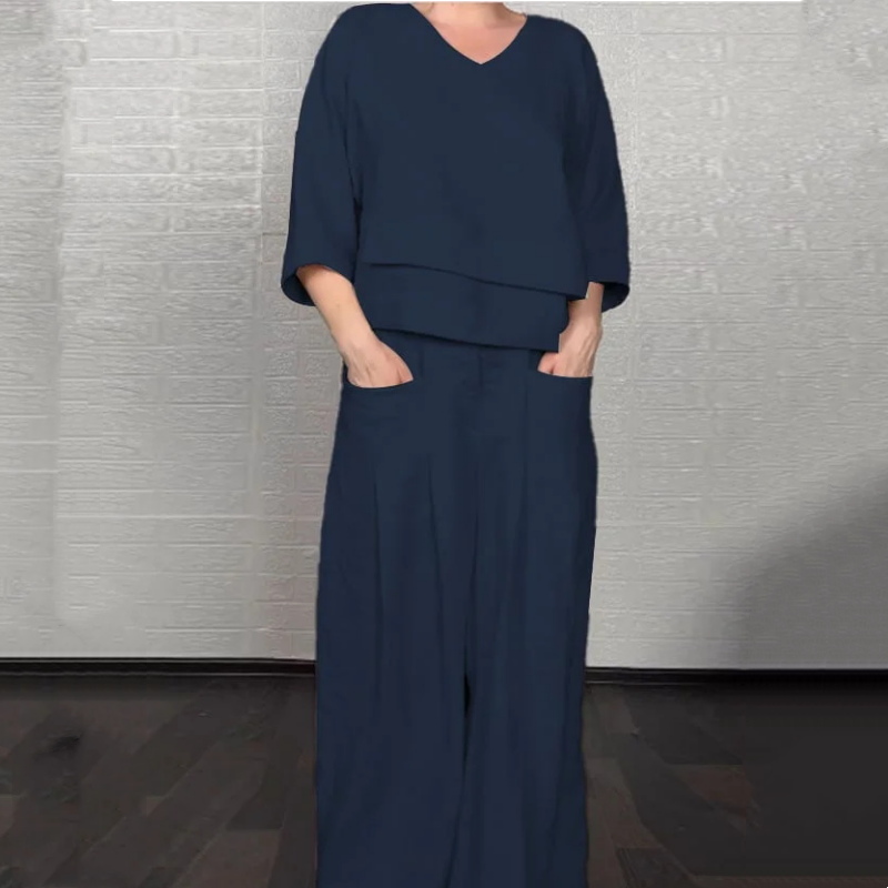 Dvojdielna súprava s krátkym rukávom z bavlny a ľanu s nepravidelným lemom-SK