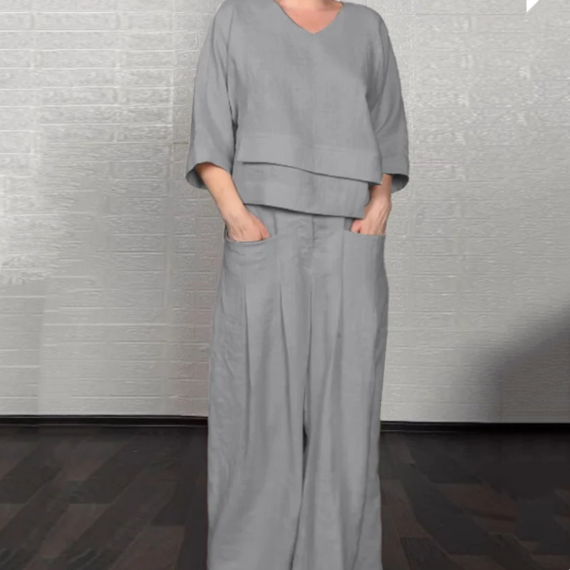 Dvojdielna súprava s krátkym rukávom z bavlny a ľanu s nepravidelným lemom-SK