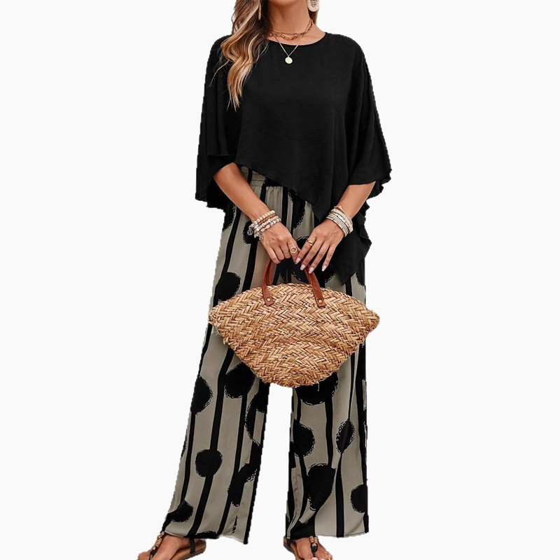 Elegantiškas komplektas su trijų ketvirčių rankovių palaidine ir raštuotomis kelnėmis-LT