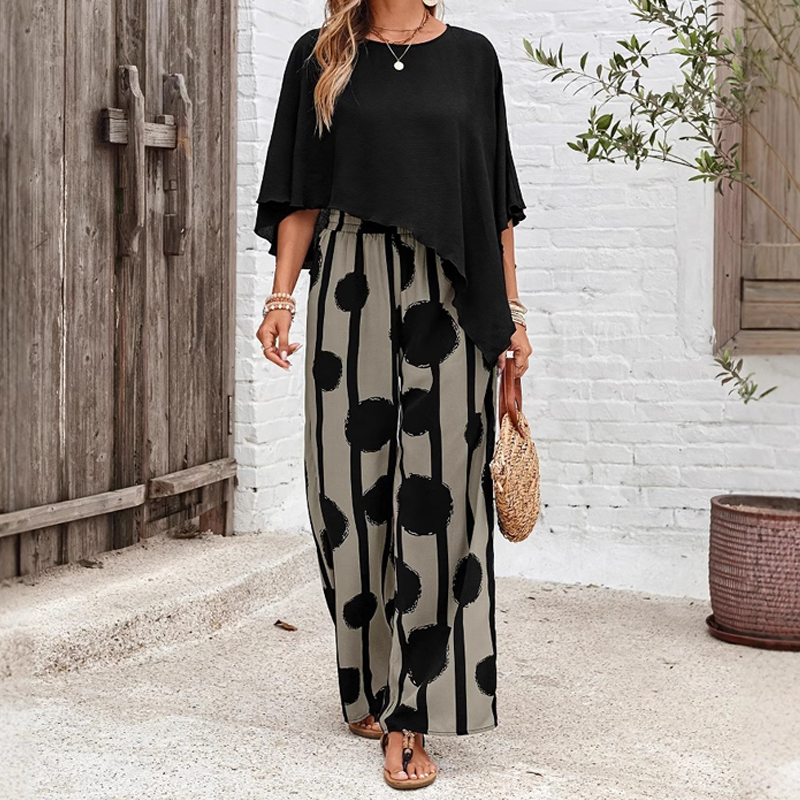 Elegantiškas komplektas su trijų ketvirčių rankovių palaidine ir raštuotomis kelnėmis-LT