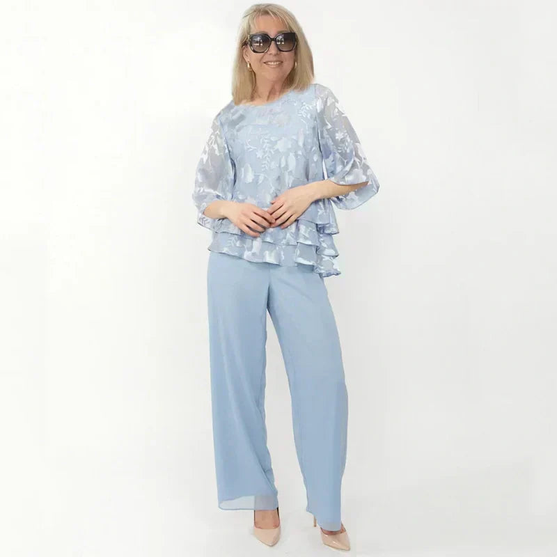 Elegantiški moteriški viršutiniai drabužiai su kaklaraiščiais ir plačiomis kelnėmis komplekte-LT